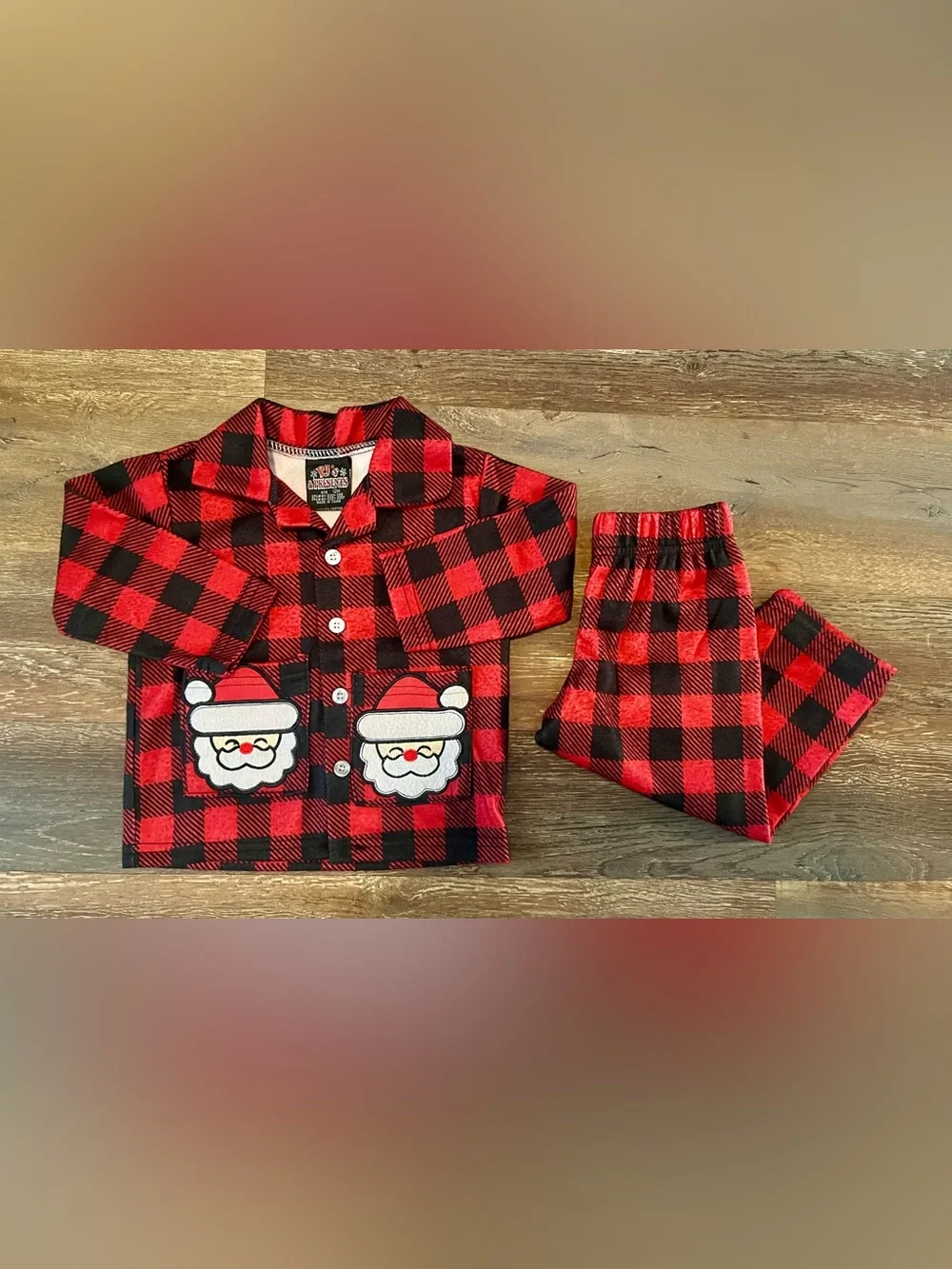 PJ’s & Presents Buffalo Plaid Flannel Santa Button Up Pajama Set Size 12 Months